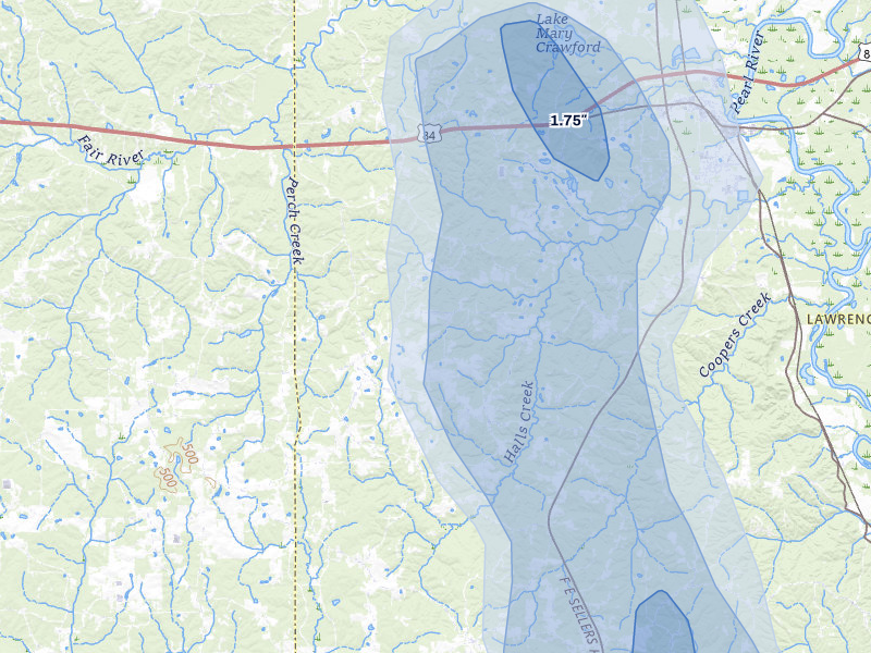 NEXRAD radar-signature map of the hail storm over Monticello, MS on Aug 21, 2026
