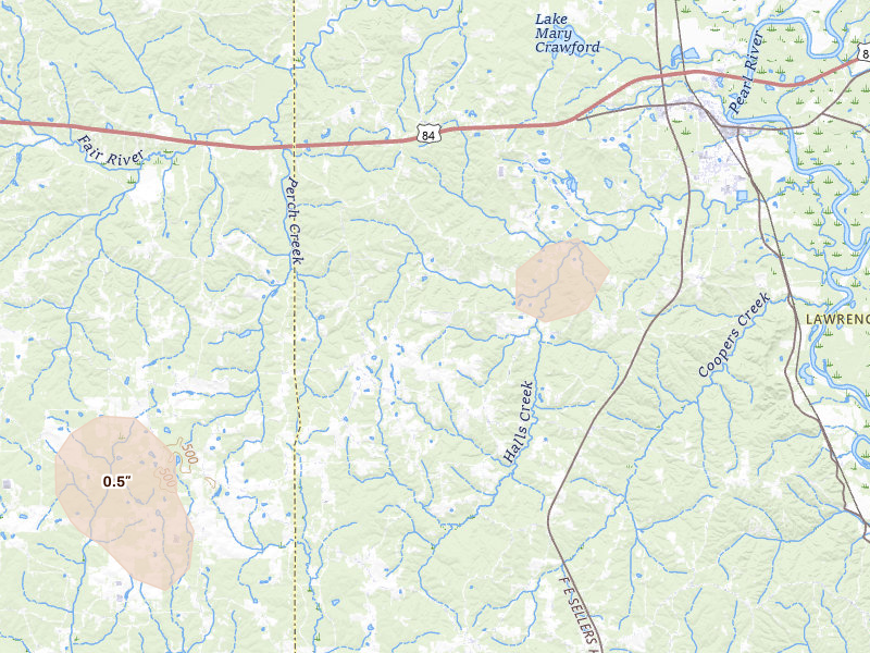 Radar-estimated hail-size map of the storm over Monticello, MS on Sep 3, 2026