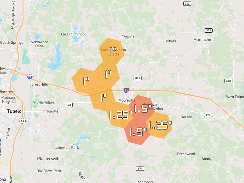 Hail map of Mooreville, MS on Jul 9, 2026, hail up to 1.5"