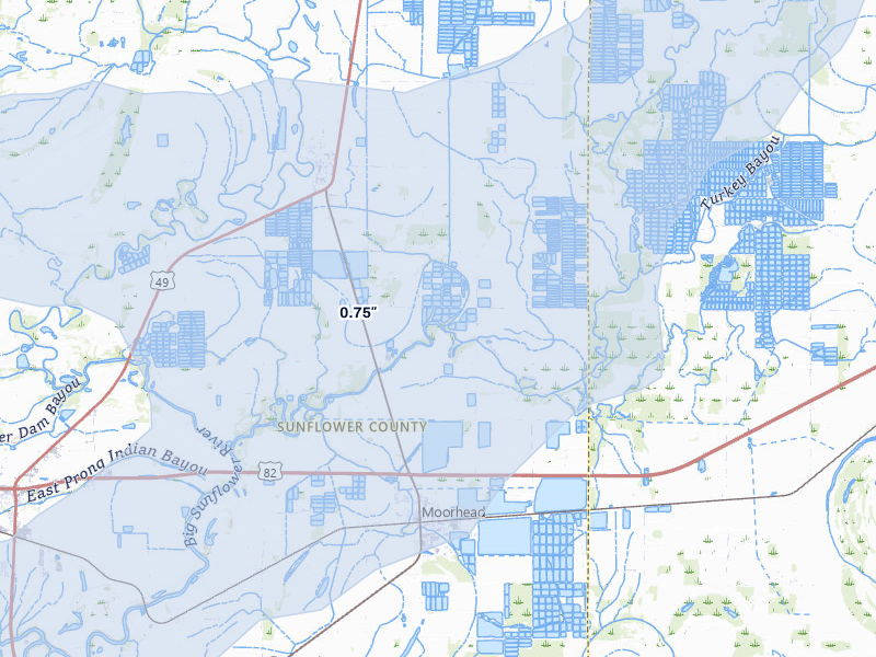 NEXRAD radar-signature map of the hail over Moorhead, MS
