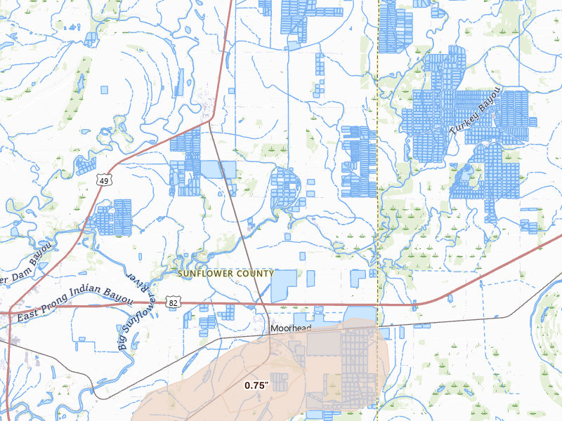 Radar-estimated hail-size map of the storm over Moorhead, MS on Jul 1, 2026