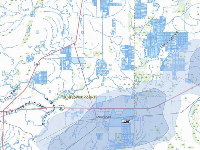 NEXRAD radar-signature map of the hail storm over Moorhead, MS on Jul 1, 2026