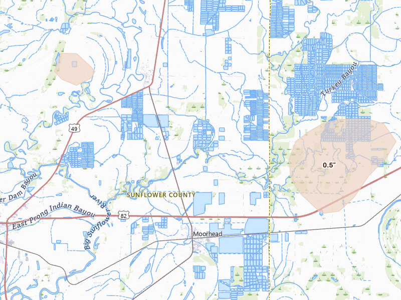 Radar-estimated hail-size map of the storm over Moorhead, MS on Jul 2, 2026
