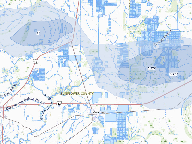NEXRAD radar-signature map of the hail over Moorhead, MS