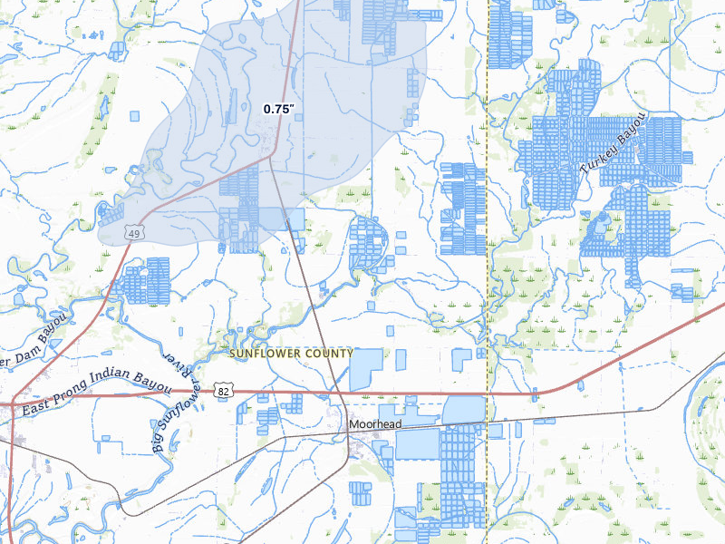 NEXRAD radar-signature map of the hail storm over Moorhead, MS on Jul 8, 2026