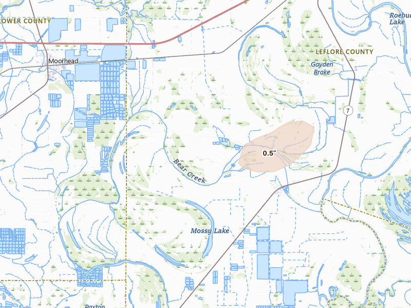 Radar-estimated hail-size map of the storm over Moorhead, MS on Aug 8, 2026