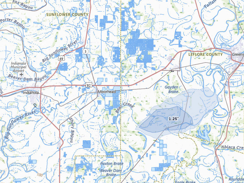NEXRAD radar-signature map of the hail storm over Moorhead, MS on Aug 8, 2026