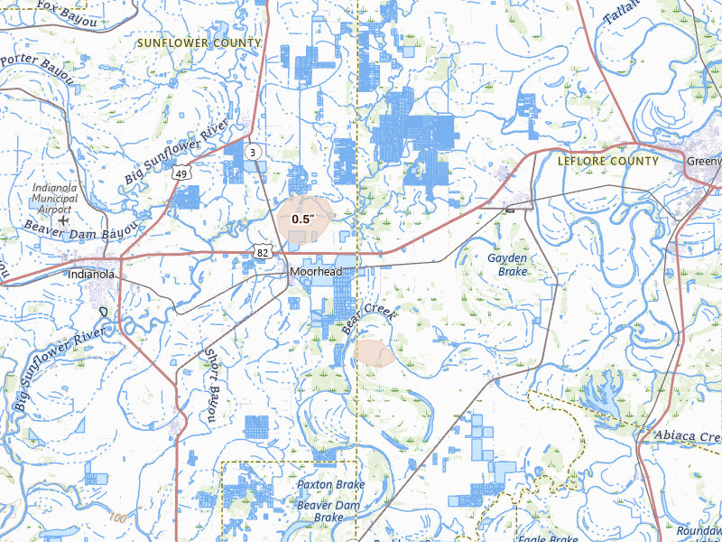 Radar-estimated hail-size map of the storm over Moorhead, MS on Sep 3, 2026