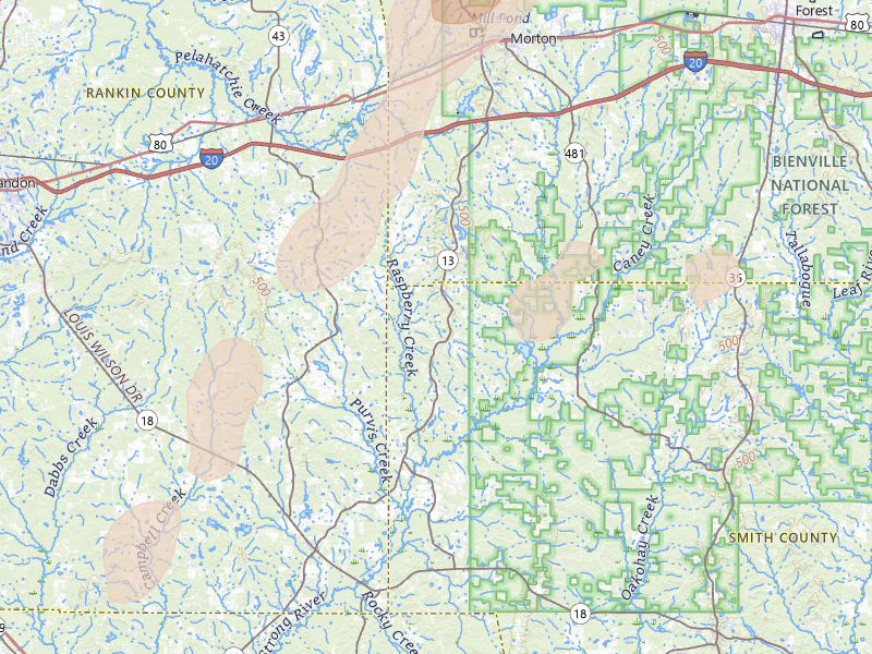 Radar-estimated hail-size map of the storm over Morton, MS on Mar 7, 2026