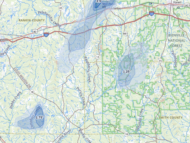 NEXRAD radar-signature map of the hail storm over Morton, MS on Mar 7, 2026