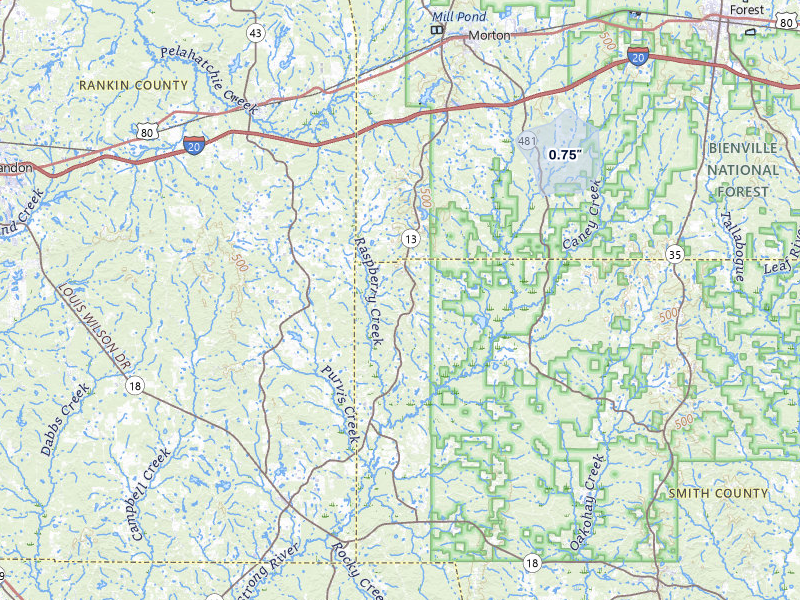 NEXRAD radar-signature map of the hail over Morton, MS