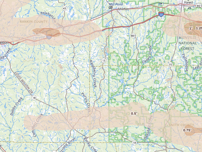 Radar-estimated hail-size map of the storm over Morton, MS on Apr 24, 2026