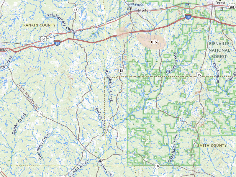 Radar-estimated hail-size map of the storm over Morton, MS on Jul 13, 2026