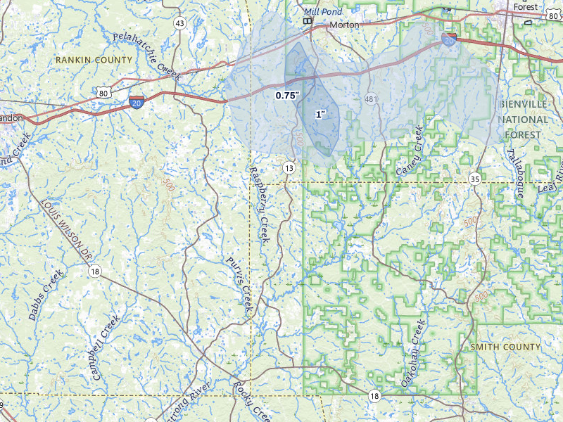 NEXRAD radar-signature map of the hail over Morton, MS