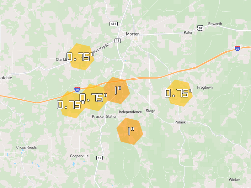 Hail map of Morton, MS on Jul 13, 2026, hail up to 1"