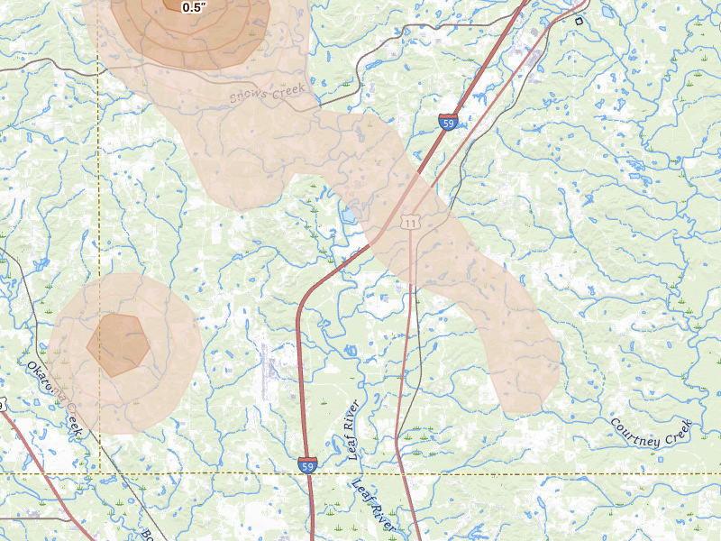 Radar-estimated hail-size map of the storm over Moselle, MS on Aug 21, 2026