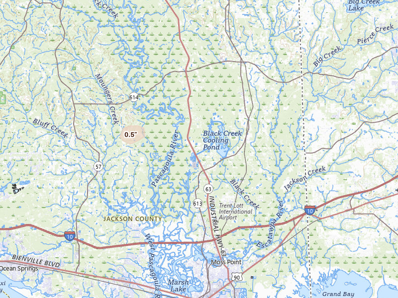 Radar-estimated hail-size map of the storm over Moss Point, MS on Jun 25, 2026