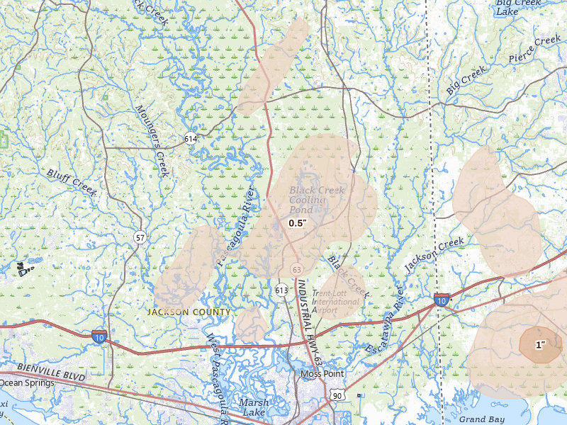 Radar-estimated hail-size map of the storm over Moss Point, MS on Jun 30, 2026