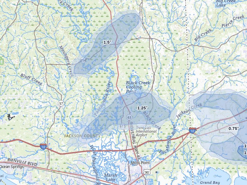 NEXRAD radar-signature map of the hail storm over Moss Point, MS on Jun 30, 2026