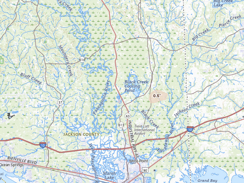 Radar-estimated hail-size map of the storm over Moss Point, MS on Jul 6, 2026