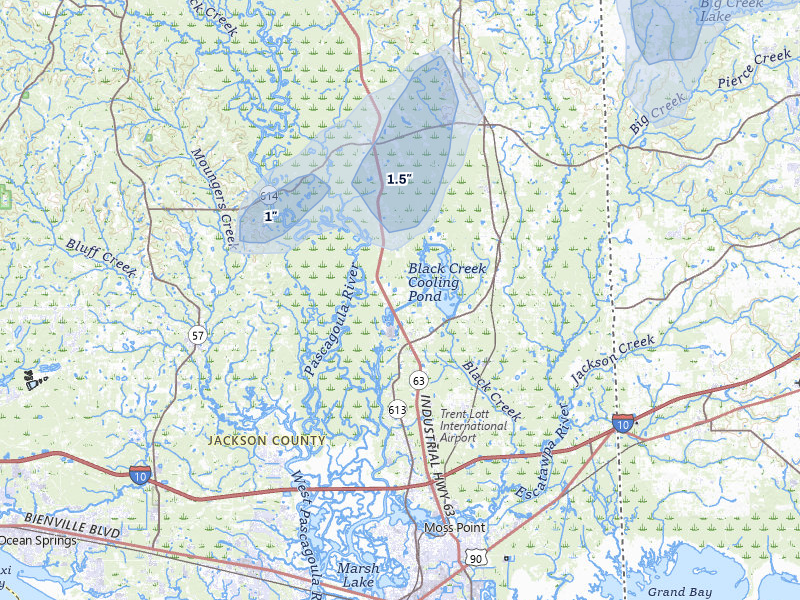 NEXRAD radar-signature map of the hail storm over Moss Point, MS on Jul 30, 2026