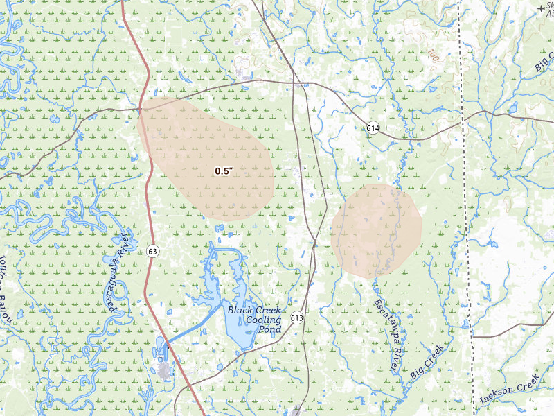 Radar-estimated hail-size map of the storm over Moss Point, MS on Aug 15, 2026