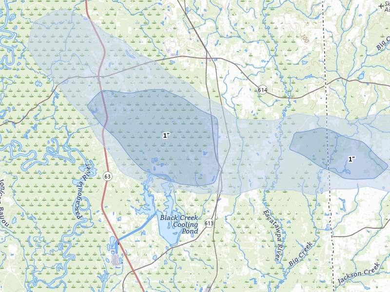 NEXRAD radar-signature map of the hail storm over Moss Point, MS on Aug 15, 2026