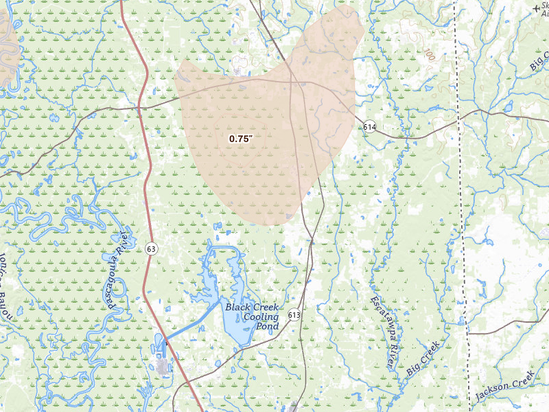 Radar-estimated hail-size map of the storm over Moss Point, MS on Aug 17, 2026
