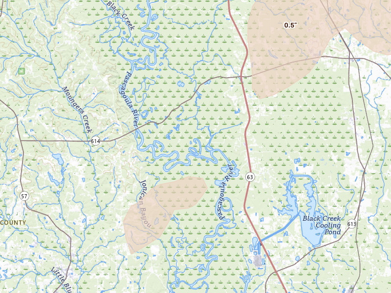 Radar-estimated hail-size map of the storm over Moss Point, MS on Aug 20, 2026
