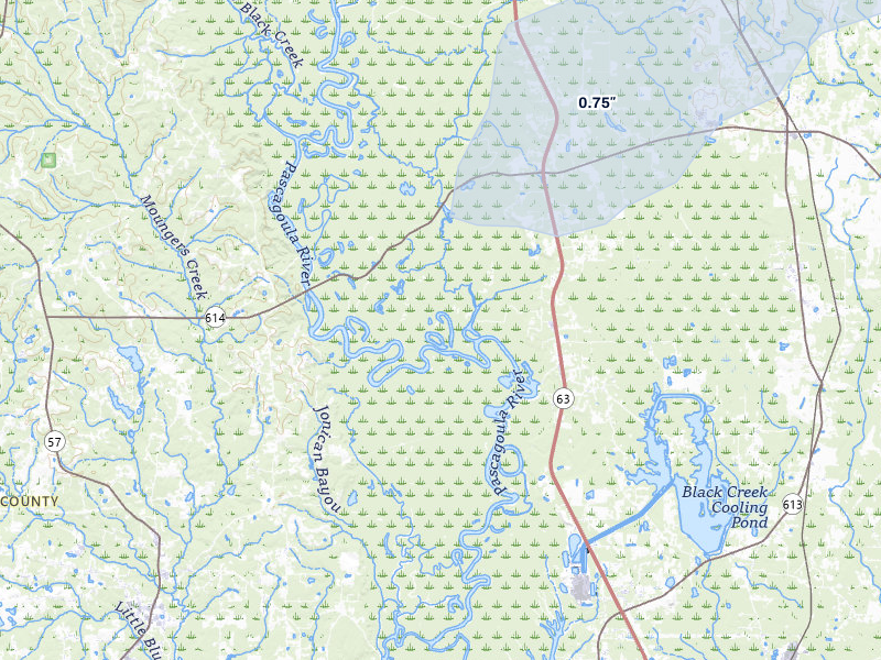 NEXRAD radar-signature map of the hail storm over Moss Point, MS on Aug 20, 2026