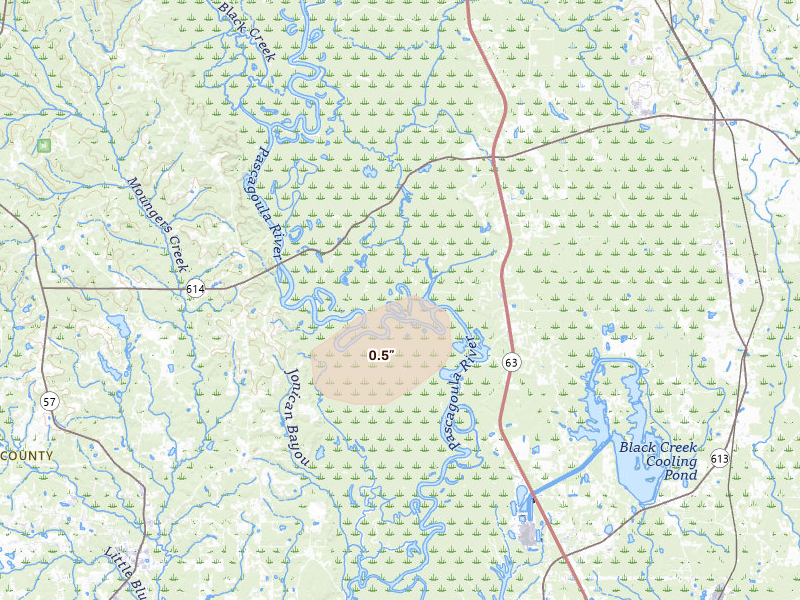 Radar-estimated hail-size map of the storm over Moss Point, MS on Aug 23, 2026