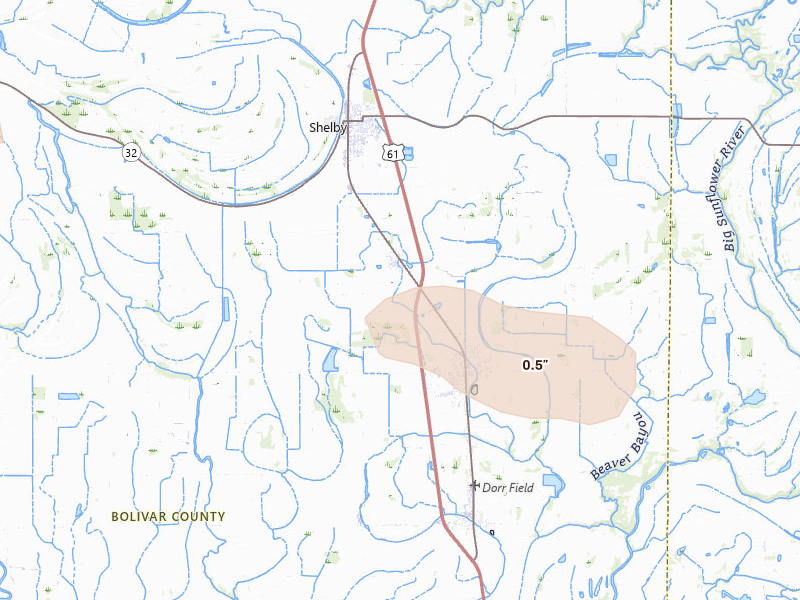 Radar-estimated hail-size map of the storm over Mound Bayou, MS on Feb 26, 2026