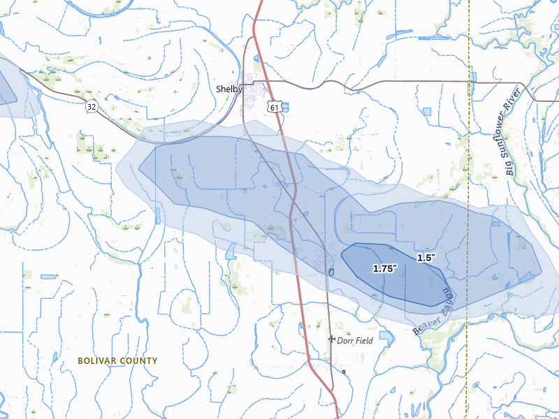 NEXRAD radar-signature map of the hail over Mound Bayou, MS