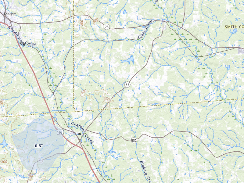 NEXRAD radar-signature map of the hail storm over Mount Olive, MS on Mar 7, 2026
