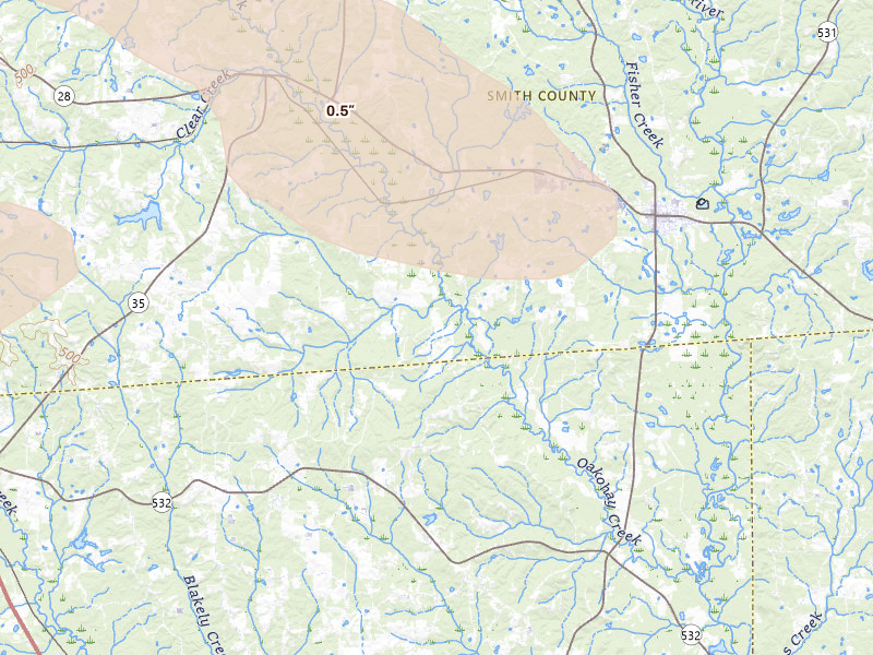 Radar-estimated hail-size map of the storm over Mount Olive, MS on Apr 24, 2026
