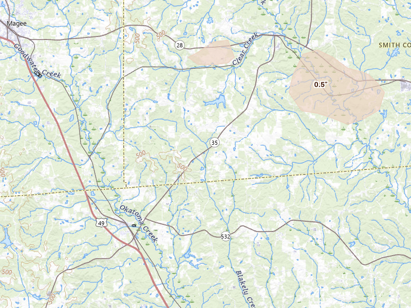 Radar-estimated hail-size map of the storm over Mount Olive, MS on Apr 26, 2026