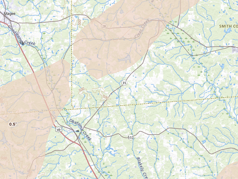 Radar-estimated hail-size map of the storm over Mount Olive, MS on May 6, 2026
