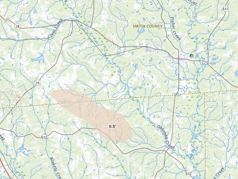 Radar-estimated hail-size map of the storm over Mount Olive, MS on May 10, 2026