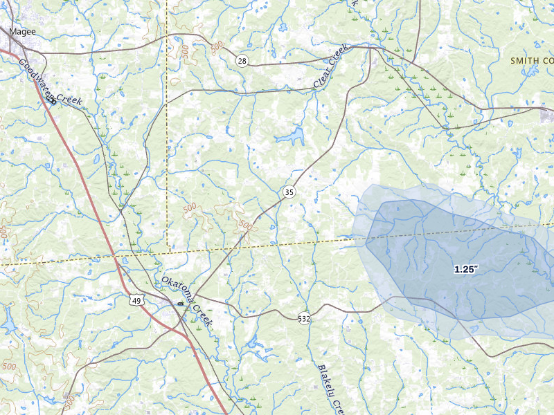 NEXRAD radar-signature map of the hail storm over Mount Olive, MS on May 10, 2026