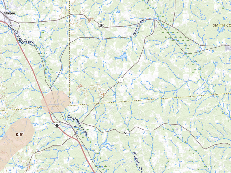 Radar-estimated hail-size map of the storm over Mount Olive, MS on May 22, 2026