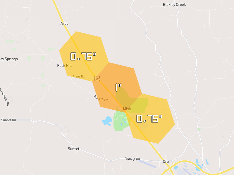 Hail map of Mount Olive, MS on Jul 2, 2026, hail up to 1"