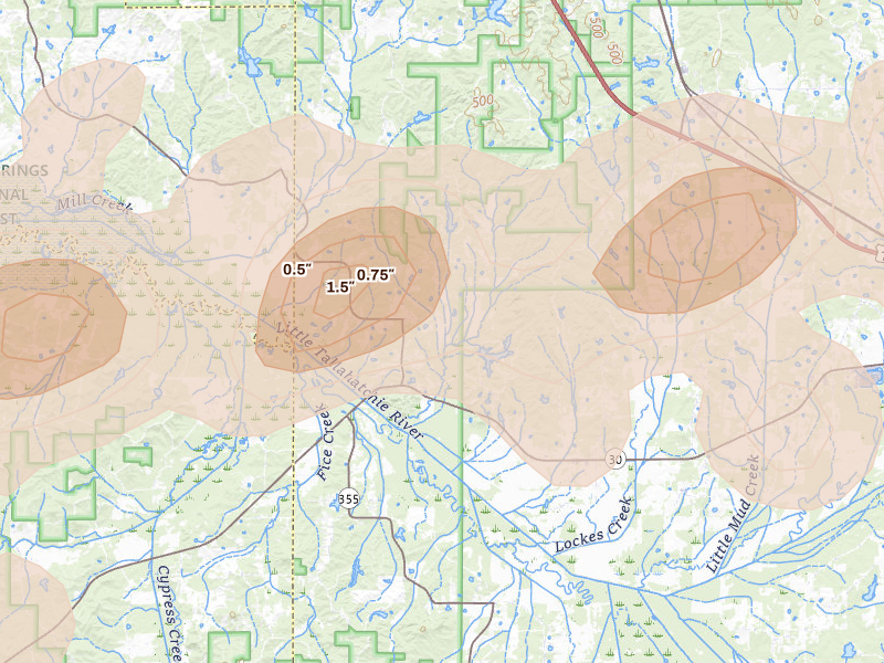 Radar-estimated hail-size map of the storm over Myrtle, MS on Apr 28, 2026