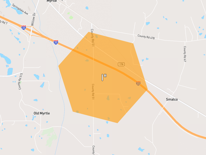 Hail map of Myrtle, MS on Jul 3, 2026, hail up to 1"