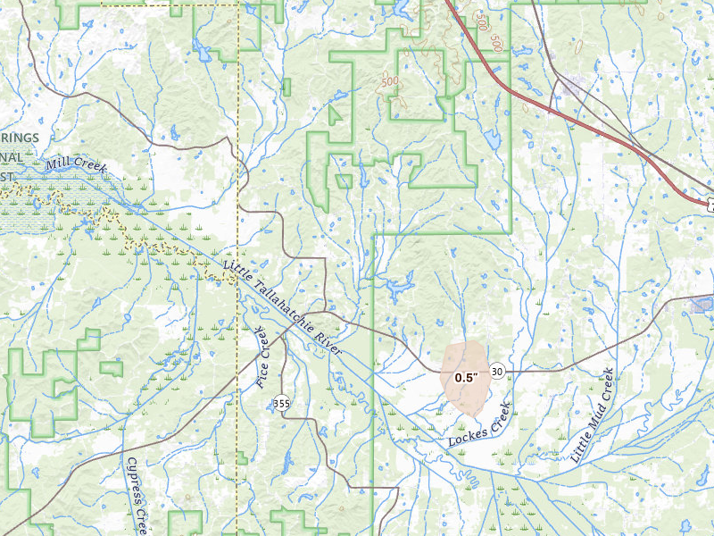 Radar-estimated hail-size map of the storm over Myrtle, MS on Jul 19, 2026