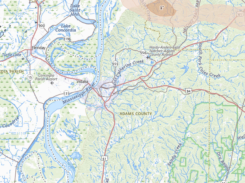 Radar-estimated hail-size map of the storm over Natchez, MS on Apr 24, 2026