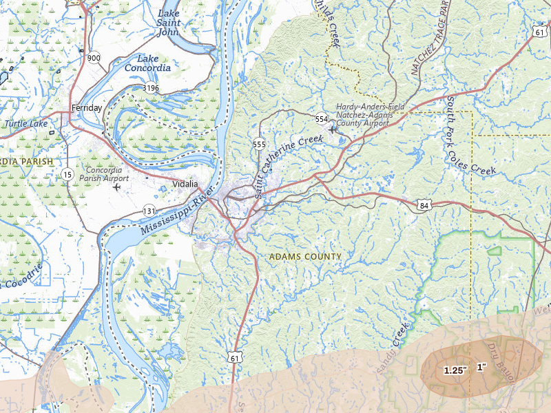 Radar-estimated hail-size map of the storm over Natchez, MS on May 6, 2026