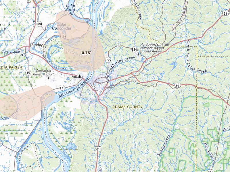 Radar-estimated hail-size map of the storm over Natchez, MS on Jul 1, 2026