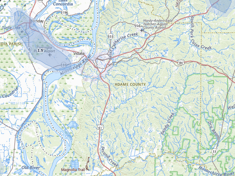 NEXRAD radar-signature map of the hail storm over Natchez, MS on Aug 21, 2026