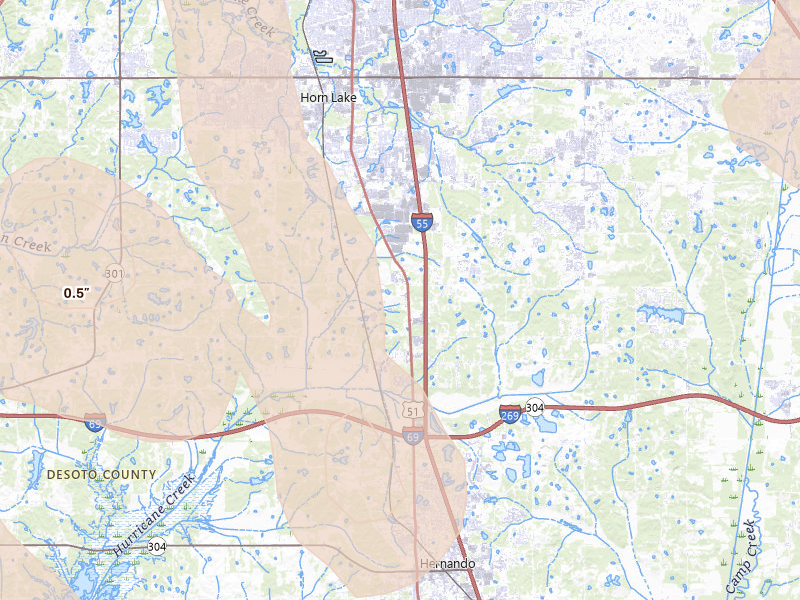 Radar-estimated hail-size map of the storm over Nesbit, MS on Jun 1, 2026