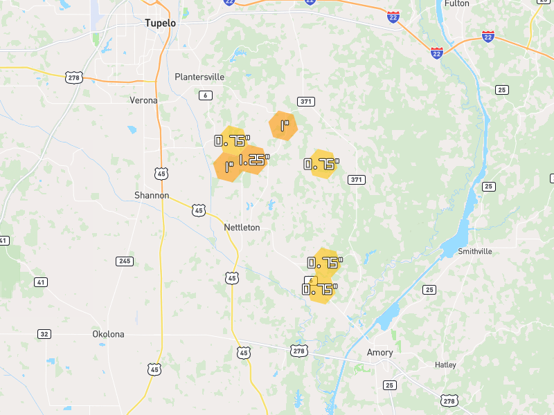 Hail map of Nettleton, MS on Jul 1, 2026, hail up to 1.25"